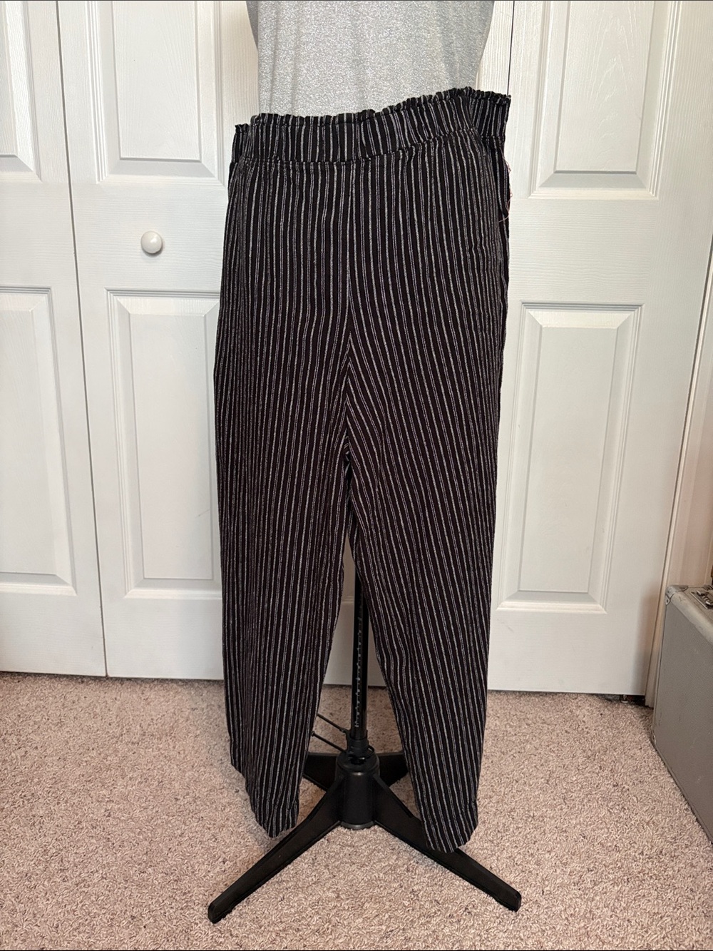Plus Linen blend Black Pinstripe Elastic-Waist Wide-leg Casual Pants Summer Fall